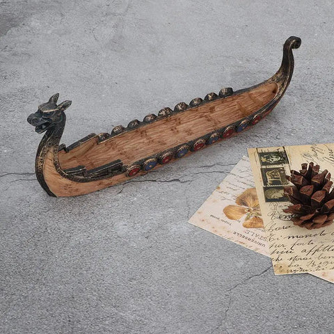 Incense Burner With Dragon Boat Motif Resin Meditation Decor For Home Garden Yoga, hand carved style with dragon detail.