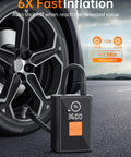 Cordless Tire Inflator Air Pump With 22 Cylinder Power beside car tire showing 36 PSI on digital display.