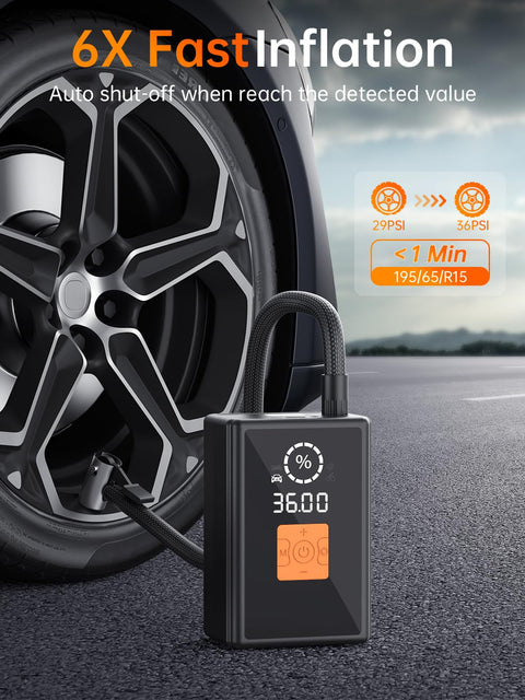 Cordless Tire Inflator Air Pump With 22 Cylinder Power beside car tire showing 36 PSI on digital display.