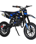 Awesome 50Cc Gas-Powered Kids Dirt Bike With 2-Stroke Engine Hits 35 Mph, featuring black and blue design, rugged tires.