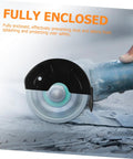 Enclosed Angle Grinder Protective Cover Guard with Easy Install shown attached on cutting machine preventing dust and debris