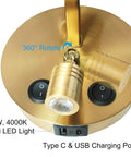 Set Of Two Modern Brass Gold Wall Sconces With Fabric Shade And USB Rechargeable Lights, close-up of 360-degree rotating LED light
