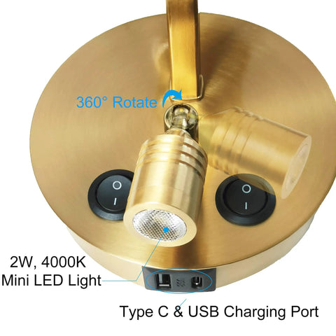 Set Of Two Modern Brass Gold Wall Sconces With Fabric Shade And USB Rechargeable Lights, close-up of 360-degree rotating LED light