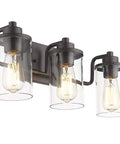 Three Light Farmhouse Vanity Light Fixture For Bathroom Wall Mount In Oil Rubbed Bronze With Clear Glass Shades