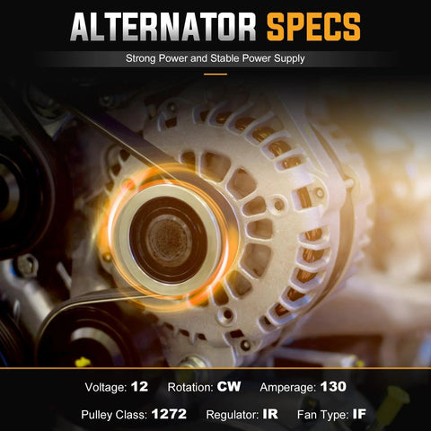 Close-up of Heavy Duty GM Compatible Alternator For Tahoe Suburban Silverado Express GMC Yukon Yukon XL Savana Sierra Escalade Fits 4.3L 5.3L 5.7L 6.0L 8.1L V8 Engines Replace ADR0217 ADR0290 showing voltage and specs