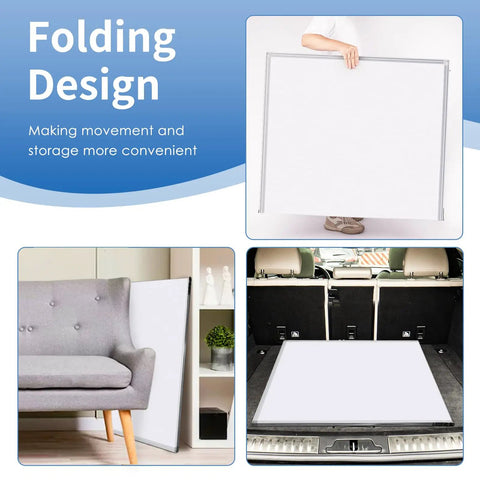 Dry Erase Whiteboard 48 By 36 Inch Large Wall Mounted Foldable Whiteboard With Aluminum Frame shown folded and in a car trunk
