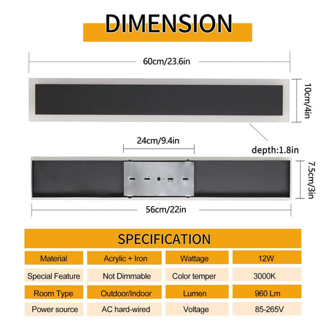 Dimensions and specifications of Three Color Change Outdoor Wall Light LED 12W black metal sconce with acrylic lens