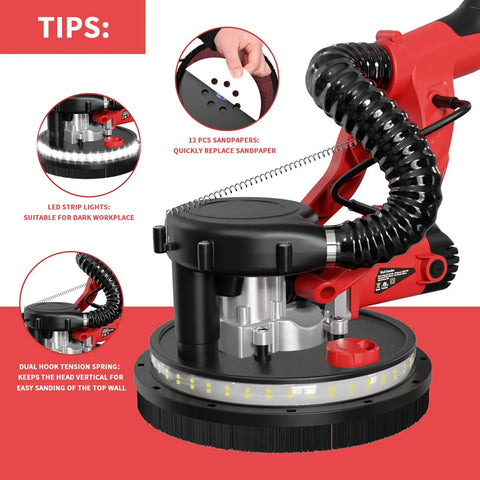 Powerful 750W Drywall Sander Model YT-916 with LED, 12 discs, tension spring, red handle, and easy-grip feature