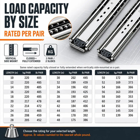 Locking Drawer Slides 3 Inch Wide Full Extension 1 Pair Beefy Steel Drawer Guides load capacity chart and slides