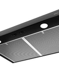 Glacier 30-Inch Under-Cabinet Range Hood With Integrated Light And Exhaust Fan, Black Finish, underside view with filters and lights