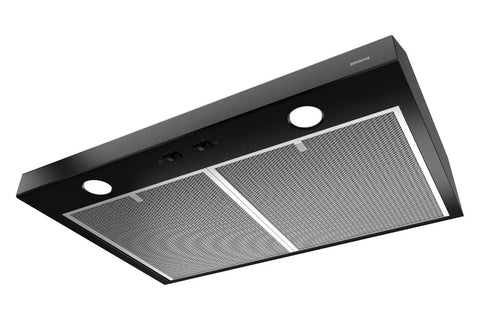 Glacier 30-Inch Under-Cabinet Range Hood With Integrated Light And Exhaust Fan, Black Finish, underside view with filters and lights