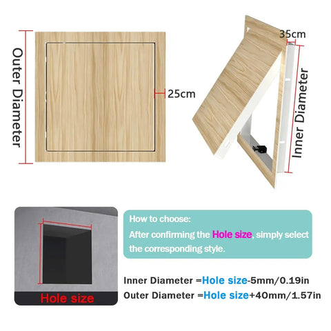 No Sweat Flush Drywall Access Panel With Magnetic Press Latch Attic Inspection Hatch dimensions illustration showing outer and inner sizes.