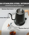 Gooseneck Electric Kettle With Built-In Thermometer, 1L Stainless Steel, 1000W Fast Boil, highlighted interior and spout features.