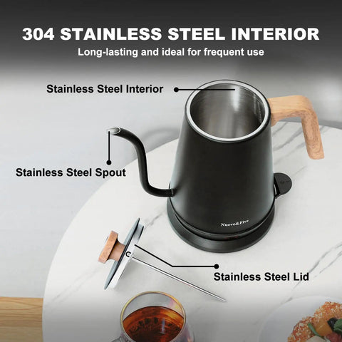 Gooseneck Electric Kettle With Built-In Thermometer, 1L Stainless Steel, 1000W Fast Boil, highlighted interior and spout features.