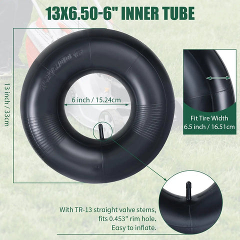 2 Pack Heavy Duty 13x6.50-6 Inner Tubes With TR-13 Valve Stem For Lawn Mowers Tractors Wheelbarrows ATVs Go Karts And More Replacement Tubes Built Tough With Thick Butyl Rubber For Puncture Protection product dimensions and features displayed