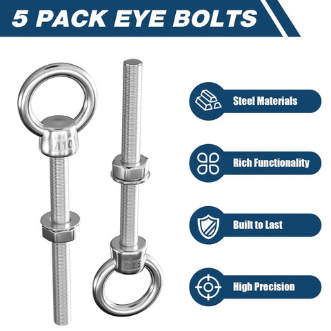 Metric M10 Eye Bolts 5 Pack Heavy Duty Stainless Steel 3/8 In By 4 In Long Welded Extension With Shoulder And Nut