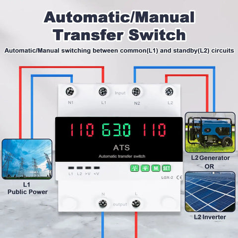 63A 110V Automatic And Manual Transfer Switch For Generator Backup Power And Gas Furnace DIN Rail Mount 50/60Hz LED Display