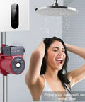 120 Watt Automatic Hot Water Recirculation Pump For Ditching Weak Streams And Boosting Household Pressure With NPT Three Quarter Inch Connectors And Food Grade Build For Solar Heaters And Home Showers Total Upgrade, shown with shower and user.
