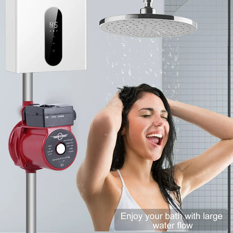 120 Watt Automatic Hot Water Recirculation Pump For Ditching Weak Streams And Boosting Household Pressure With NPT Three Quarter Inch Connectors And Food Grade Build For Solar Heaters And Home Showers Total Upgrade, shown with shower and user.