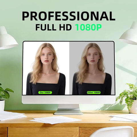 Comparison of 1080p HD USB Webcam clarity on monitor with text 'Professional Full HD 1080P' showing image quality difference.