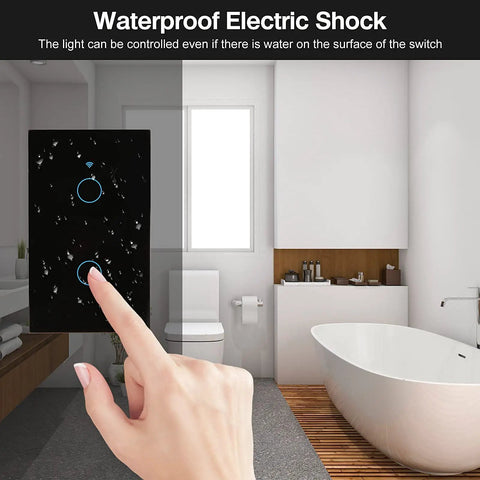 Hand touching WiFi Smart Touch Light Switch 2 Gang US Standard Black Tempered Glass Panel With Timer Function in bathroom