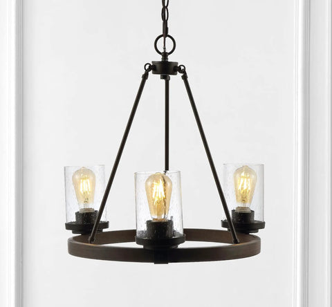 Oil Rubbed Bronze 20 Inch Three Light Rustic Farmhouse LED Chandelier With Wagon Wheel Design and Seeded Glass Shades