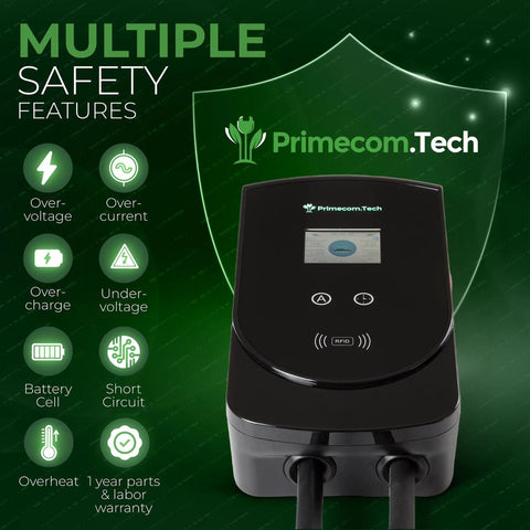 Beefy 277 To 480V Level 2 EV Charger, 80 Amp, J1772 Plug with safety features and Primecom.Tech branding
