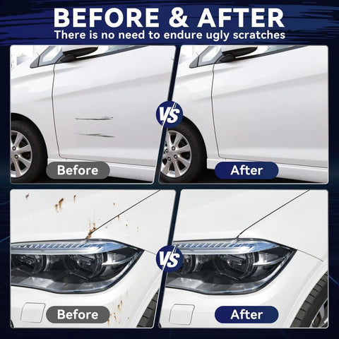 Before and after images showing scratches repaired using High Gloss White Auto Touch Up Paint Pen For Vehicle Scratch Repair Hoods Bumpers And Rims Quick Dry Slick Finish No Fuss Formula Kick Some Rust To The Curb Built For Everyday American Roads.