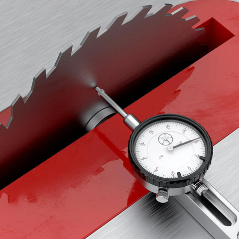 Table Saw Dial Indicator Gauge 0 To 1 Inch With 0.001 Inch Precision on miter slot next to circular saw blade for calibration