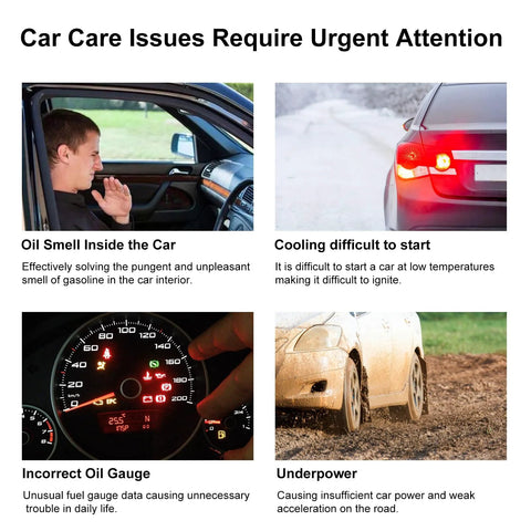 Collage showing car issues: oil smell inside car, hard starting in cold, incorrect oil gauge, and underpowered vehicle.