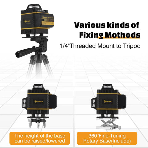 Laser Level 4x360 Degree Self Leveling With Tripod And Remote High Precision Auto Level 150 Ft Range Tilt Alarm One Eighth Inch Accuracy At 33 Ft 360 Degree Laser Lines For Indoor Construction And DIY Projects, mounted on tripod
