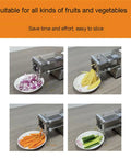 Professional Electric Potato Chip Cutter And Commercial French Fry Slicer Machine Made With Durable Stainless Steel Blade For Home Kitchen Business Use 10mm Cut Size Easy To Clean Automatic Vegetable Chopper Device with sliced vegetables.