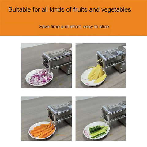 Professional Electric Potato Chip Cutter And Commercial French Fry Slicer Machine Made With Durable Stainless Steel Blade For Home Kitchen Business Use 10mm Cut Size Easy To Clean Automatic Vegetable Chopper Device with sliced vegetables.