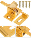 Close-up of brass cabinet door latch with spring catch and mounting screws; old school retro style window security lock.