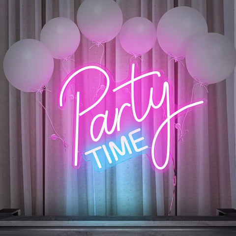 Lit LED Neon Light Sign With Dimmable Switch For Birthdays Weddings Parties And Festivals Indoor Outdoor Decor Safe Energy Saving Silicone Tube Light Strip with 'Party Time' text and balloons backdrop.