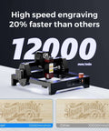 Longer Ray5 mini laser engraver, front view; black frame with red laser module, 12000 mm/min engraving speed.