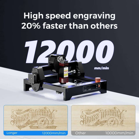 Longer Ray5 mini laser engraver, front view; black frame with red laser module, 12000 mm/min engraving speed.