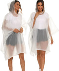 Two models wearing 2 Pack Reusable Adult Rain Ponchos Emergency Waterproof Rain Coat With Drawstring Hood Heavy Duty EVA Gear Quick Dry White