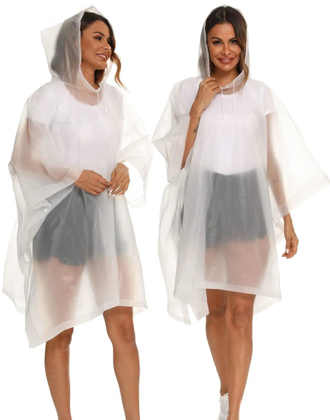 Two models wearing 2 Pack Reusable Adult Rain Ponchos Emergency Waterproof Rain Coat With Drawstring Hood Heavy Duty EVA Gear Quick Dry White