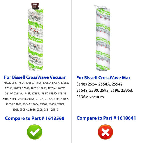 Three Pack Tangle Free Multi Surface Pet Brush Rolls And Three Pack Vacuum Filters Replacement For Bissell CrossWave Vacuum Cleaners Compare To Parts 1613568 And 1608684 Keeps Your Floors Fresh And Clean, features brush rolls for CrossWave models with part numbers 1613568, 1618641.