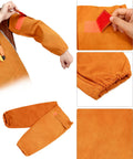 Close-up of Welding Apron And Sleeves Set With Front Pockets, highlighting flame-resistant leather and adjustable sleeve fastenings.