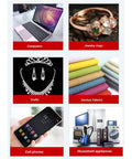 Collage of computers, jewelry rings, crafts, various fabrics, cell phones, and household appliances on display.