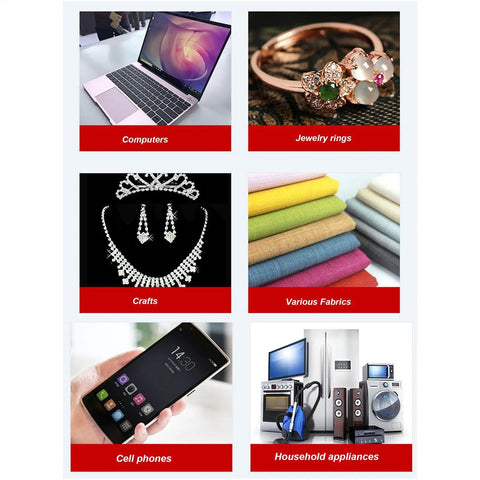 Collage of computers, jewelry rings, crafts, various fabrics, cell phones, and household appliances on display.