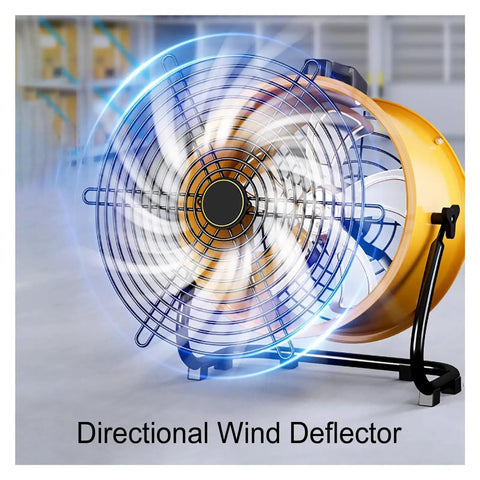 Close-up of Heavy Duty Industrial Floor Drum Fan with steel frame and visible directional wind deflector for cooling operations.