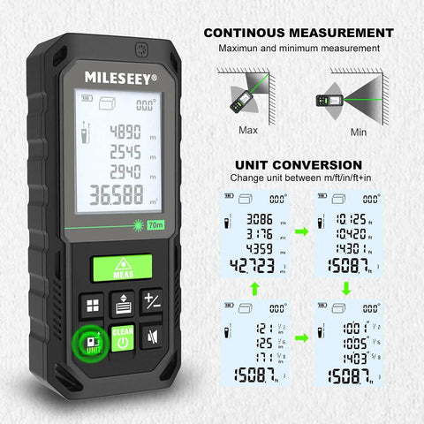 130ft Laser Distance Meter With Dual Bubble Levels, Plus Minus 1/16 Inch Accuracy, Fast Laser Measurements, LCD Display shown
