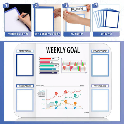 Science Fair Display Kit With 92 Pieces Including 60 Scalloped Border Trims 18 Presentation Subtitles 6 Science Fair Title Stickers 8 Letter Stickers For Classroom Bulletin Boards In A Cool Blue Wave Theme That Pops used in weekly goal board setup with charts and labels.