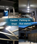 Solar Powered Indoor Outdoor Lights With Remote Control Ceiling Pendant illuminating garden, parking lot, shed, and bus station.