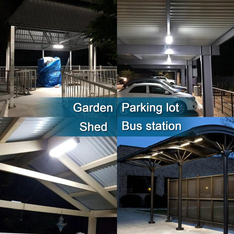 Solar Powered Indoor Outdoor Lights With Remote Control Ceiling Pendant illuminating garden, parking lot, shed, and bus station.