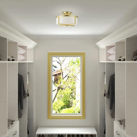 Two Light Satin Brass Stylish Semi Flush Ceiling Light With Off White Hardback Fabric Shade From Wesley Collection in a closet