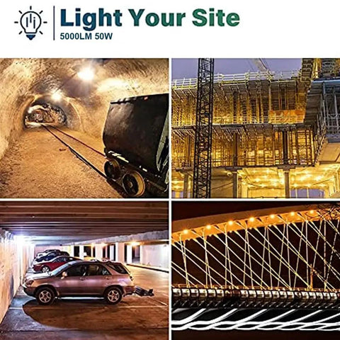 Construction Lights String 50Ft Temporary Work Light With 5 Integrated LED Bulbs 5000 Lumens illuminating various job sites